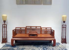 红桥红  家具严选  缅甸花梨（大果紫檀）  【条子栏杆 弯腿罗汉床 两件套】