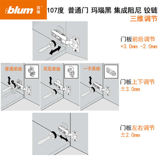【玛瑙黑】107°普通门集成阻尼铰链【适用于门板厚16-20mm，侧板厚18mm】（含标志盖，含底座）单位：只（即半付） 商品图8