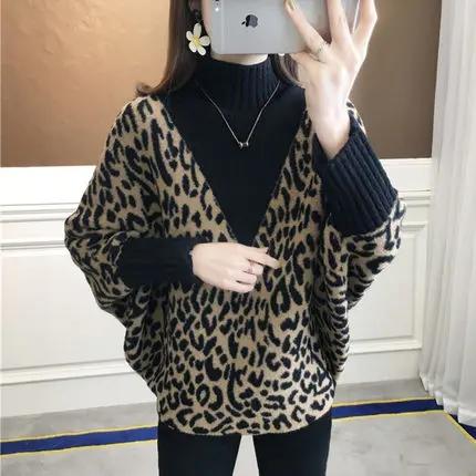 FL2205 2020新款高领毛衣外穿宽松套头针织蝙蝠衫豹纹上衣潮外套 商品图0