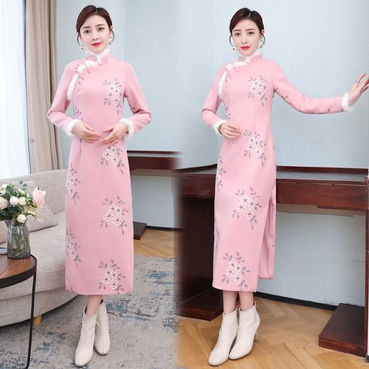 AHM-ylxz1666加厚夹棉改良旗袍连衣裙国潮旧事御姐风毛毛领2020秋冬加长款裙子 商品图3