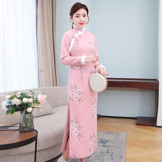 AHM-ylxz1666加厚夹棉改良旗袍连衣裙国潮旧事御姐风毛毛领2020秋冬加长款裙子 商品图5