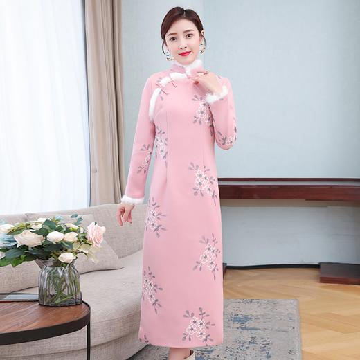 AHM-ylxz1666加厚夹棉改良旗袍连衣裙国潮旧事御姐风毛毛领2020秋冬加长款裙子 商品图1