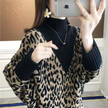FL2205 2020新款高领毛衣外穿宽松套头针织蝙蝠衫豹纹上衣潮外套 商品图2