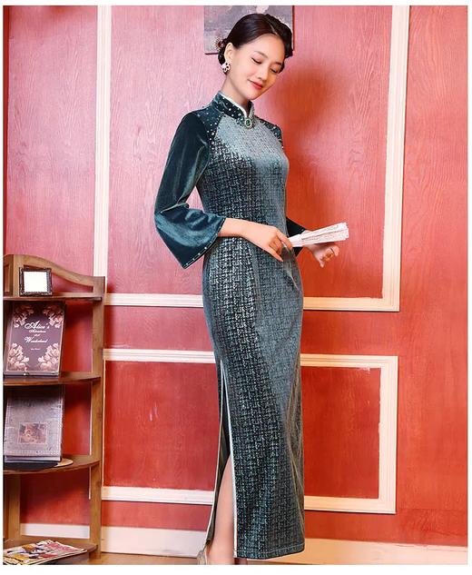 DLQ-A2719新款修身显瘦中式改良旗袍秋冬丝绒款妈妈装连衣裙 商品图1