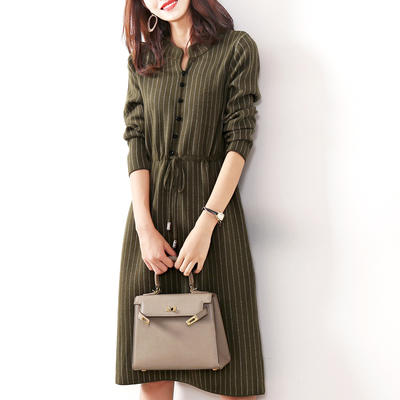 DB6891 2020新款洋气优雅女人味条纹针织连衣裙秋冬新款气质抽绳收腰显瘦A字中长裙子 商品图2