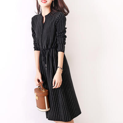 DB6891 2020新款洋气优雅女人味条纹针织连衣裙秋冬新款气质抽绳收腰显瘦A字中长裙子 商品图6