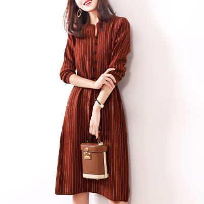 DB6891 2020新款洋气优雅女人味条纹针织连衣裙秋冬新款气质抽绳收腰显瘦A字中长裙子 商品图4