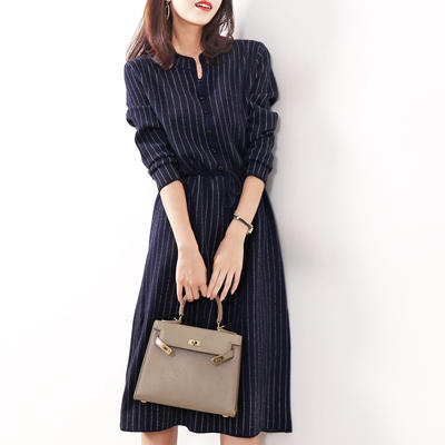 DB6891 2020新款洋气优雅女人味条纹针织连衣裙秋冬新款气质抽绳收腰显瘦A字中长裙子 商品图3