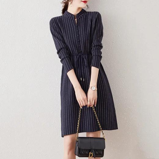 DB6891 2020新款洋气优雅女人味条纹针织连衣裙秋冬新款气质抽绳收腰显瘦A字中长裙子 商品图1