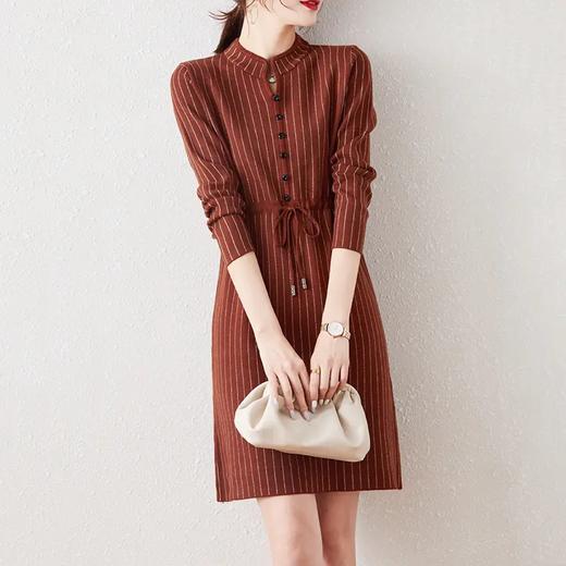 DB6891 2020新款洋气优雅女人味条纹针织连衣裙秋冬新款气质抽绳收腰显瘦A字中长裙子 商品图0