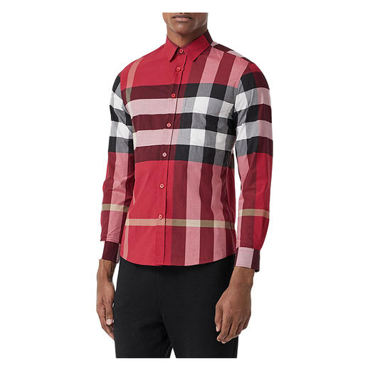 BURBERRY 博柏利 男士红黑大格子格纹弹力棉府绸长袖衬衫 8019879 A1040 商品图1