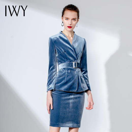 IWY/蓝色金丝绒长袖西装半裙套装CS1024 商品图4
