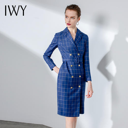 IWY/蓝色格纹长袖西装连衣裙Q340 商品图0