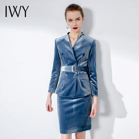 IWY/蓝色金丝绒长袖西装半裙套装CS1024