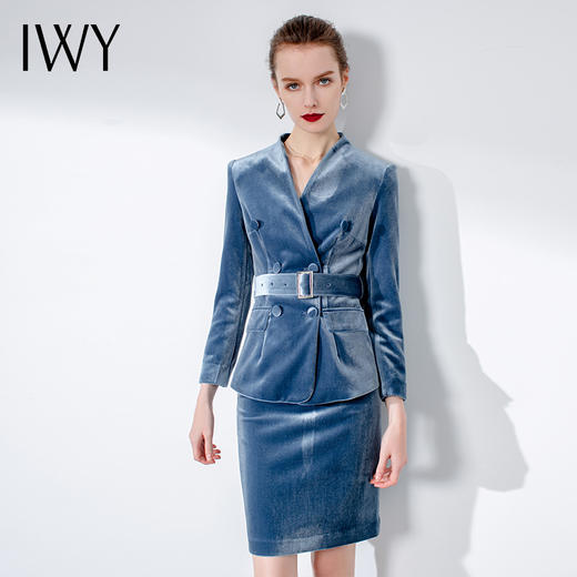 IWY/蓝色金丝绒长袖西装半裙套装CS1024 商品图0