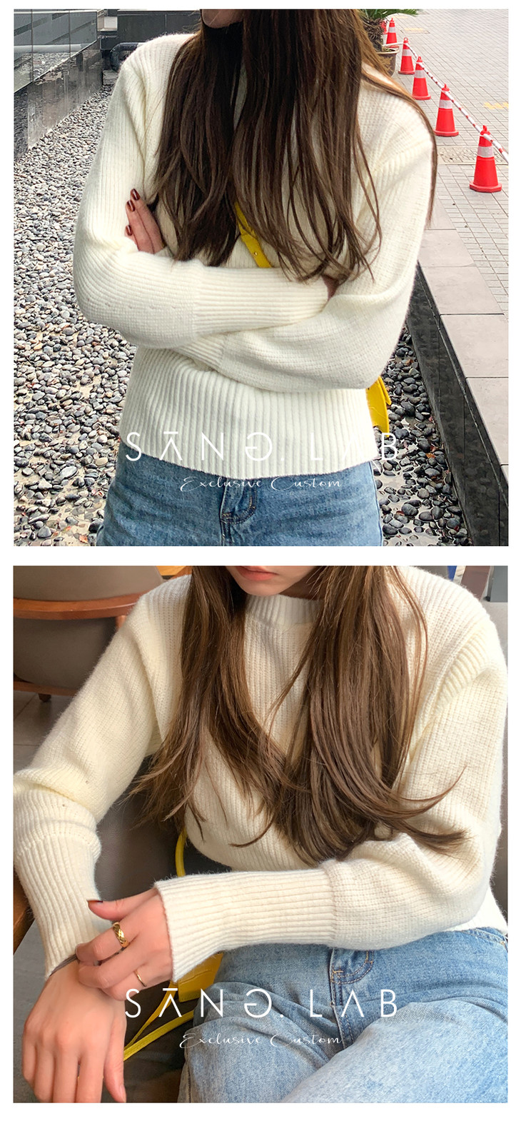 sanglab南蔷桑圆领打底衫女高腰毛衣针织衫秋冬新款灯笼袖