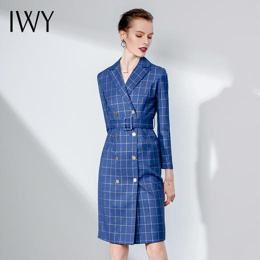 IWY/蓝色格纹长袖西装连衣裙Q340 商品图1