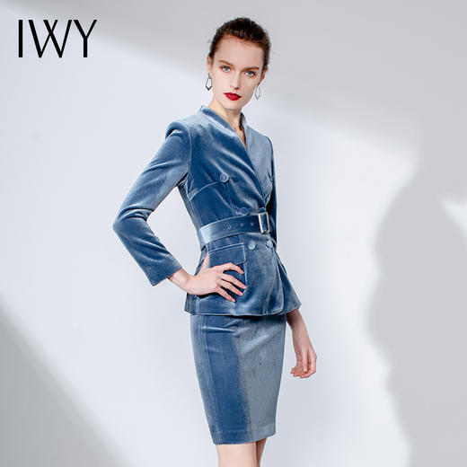 IWY/蓝色金丝绒长袖西装半裙套装CS1024 商品图3