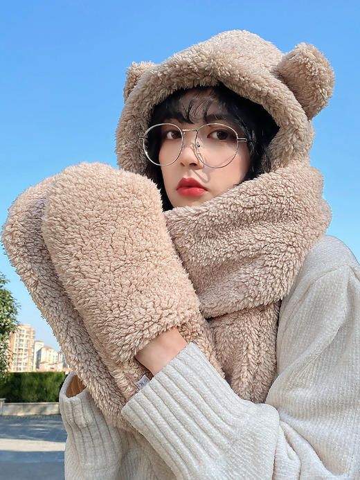 【围巾】*小熊帽子女秋冬季百搭毛绒保暖连帽围巾手套一体可爱 商品图0