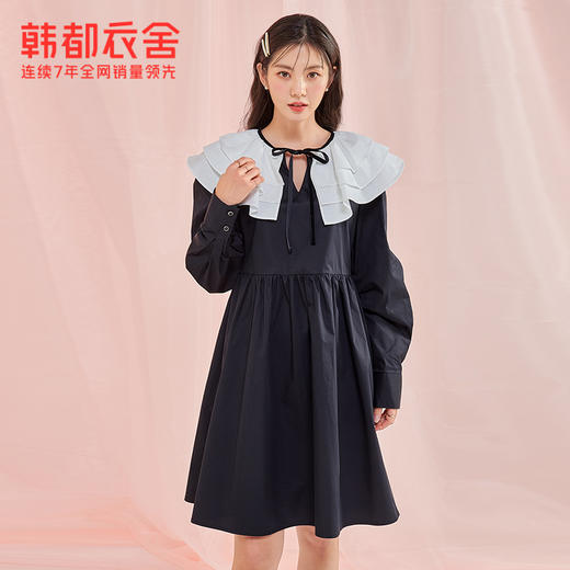 韩都衣舍冬季新款小黑裙荷叶领高腰宽松连衣裙女OM83049 商品图2