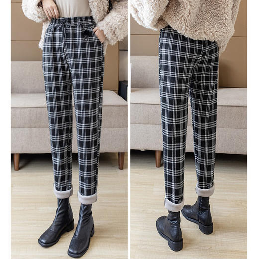 加绒加厚松紧腰格子工装裤女运动裤宽松休闲秋冬裤子显瘦直筒XZ3603 商品图2