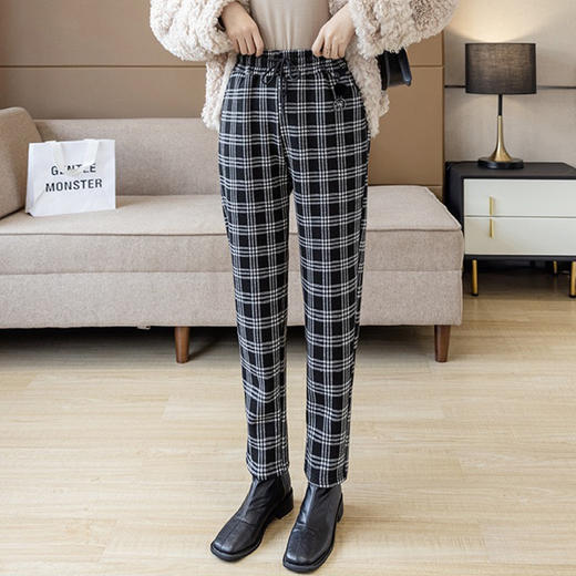 加绒加厚松紧腰格子工装裤女运动裤宽松休闲秋冬裤子显瘦直筒XZ3603 商品图1