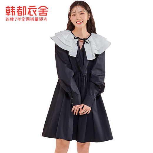 韩都衣舍冬季新款小黑裙荷叶领高腰宽松连衣裙女OM83049 商品图4