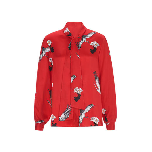 丁摩 重磅真丝衬衫女东方仙鹤桑蚕丝衬衫复古飘带领上衣21-02-DW599 商品图5