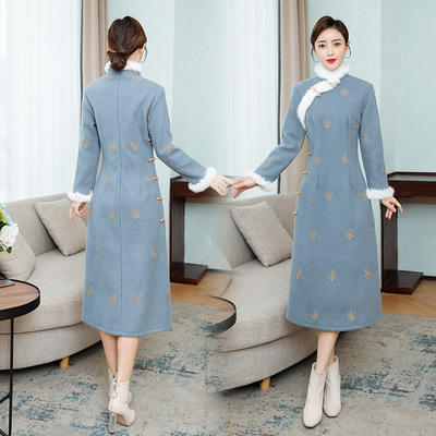 AHM- lty9002 复古改良版旗袍裙女2020春秋冬季喜庆新款毛呢中国风中长款连衣裙 商品图2