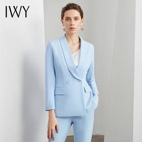 IWY/蓝色时尚西装套装女青果领气质休闲职业面试韩版小香风洋气女神范 C10316-QL+P10223-L