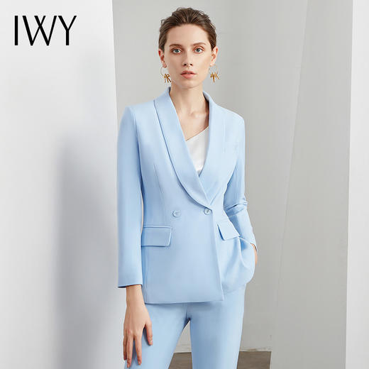 IWY/蓝色时尚西装套装女青果领气质休闲职业面试韩版小香风洋气女神范 C10316-QL+P10223-L 商品图0