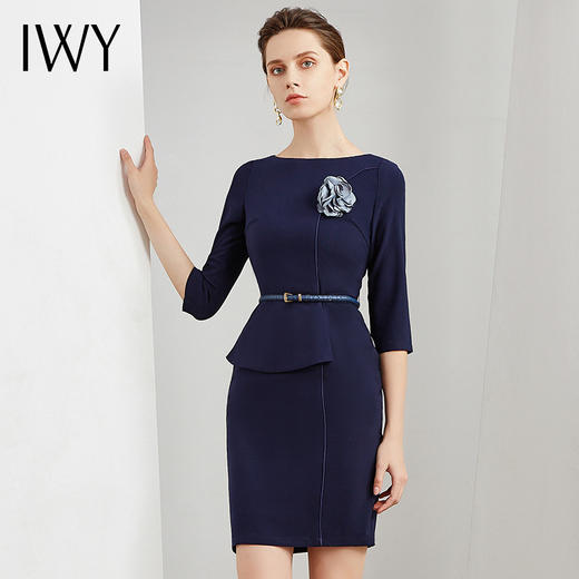 IWY/藏青连衣裙女修身七分袖时尚职业装上班工作服商务正装OL Q195-L 商品图0