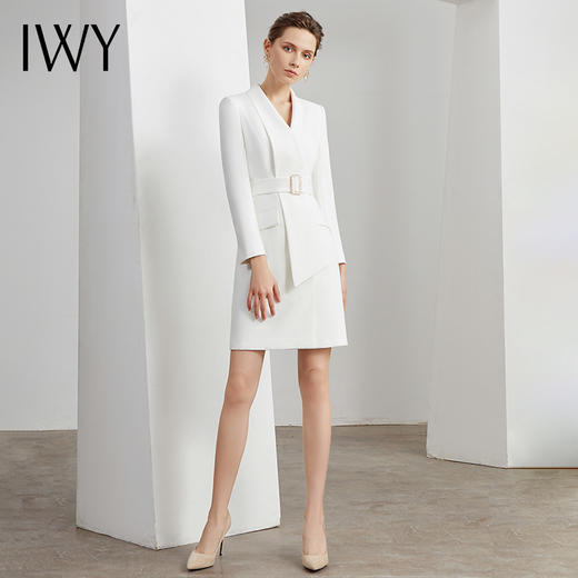 IWY/白色西服连衣裙收腰显瘦工作服女播音主持艺考正装职业装Q11112-W 商品图1
