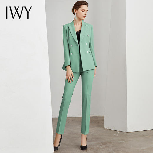 IWY/时髦绿色西服套装双排扣女主持人播音艺考职业上班面试工作服正装C10325-G+P10325-G 商品图4