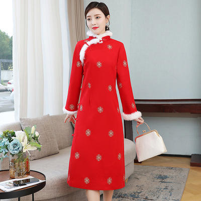 AHM- lty9002 复古改良版旗袍裙女2020春秋冬季喜庆新款毛呢中国风中长款连衣裙 商品图0