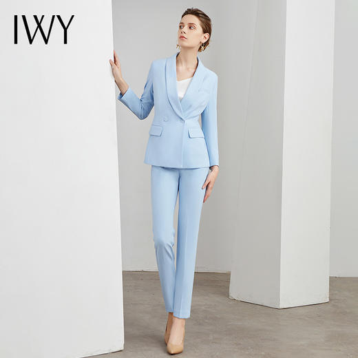 IWY/蓝色时尚西装套装女青果领气质休闲职业面试韩版小香风洋气女神范 C10316-QL+P10223-L 商品图2