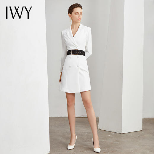 IWY/白色西服连衣裙收腰显瘦工作服女播音主持艺考正装职业装 Q13096-W 商品图4
