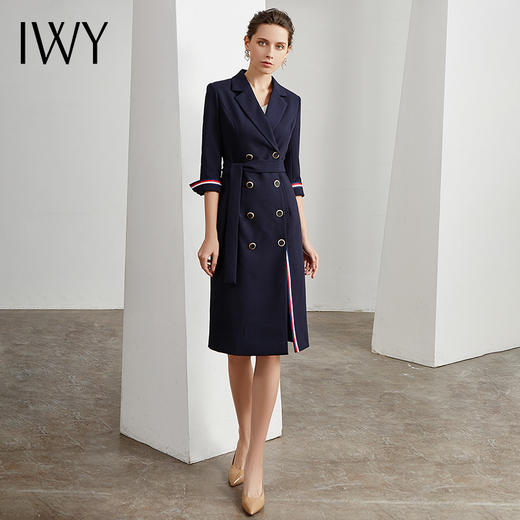 IWY/藏青色连腰带衣裙女收腰高端大气风衣显瘦职业工作服 Q10392-L 商品图1