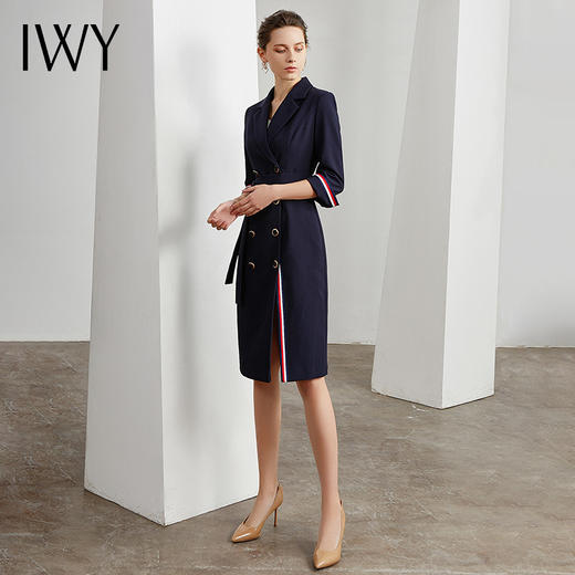 IWY/藏青色连腰带衣裙女收腰高端大气风衣显瘦职业工作服 Q10392-L 商品图4