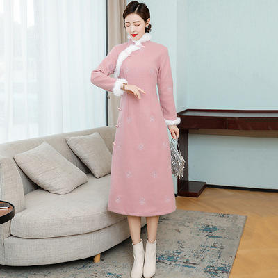 AHM- lty9002 复古改良版旗袍裙女2020春秋冬季喜庆新款毛呢中国风中长款连衣裙 商品图1