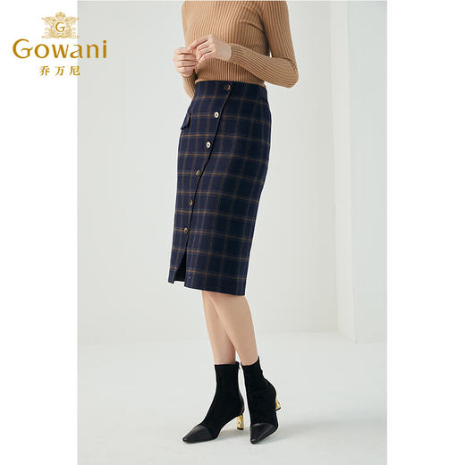 乔万尼冬季新品绵羊毛半身裙斜开叉格纹直筒中长半裙ES4D325 商品图2