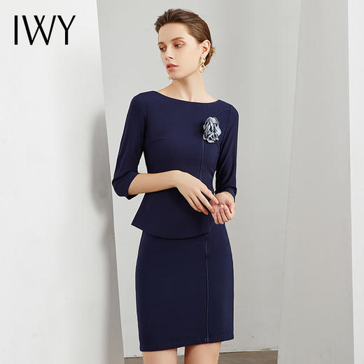 IWY/藏青连衣裙女修身七分袖时尚职业装上班工作服商务正装OL Q195-L 商品图2