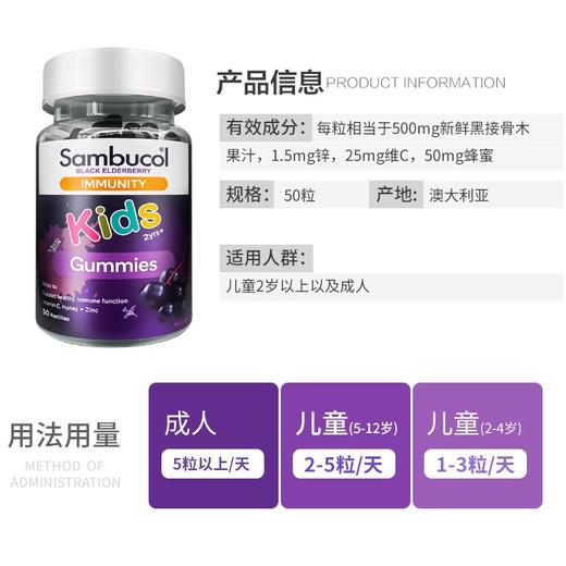 【预售10天内发出】澳洲Sambucol小黑果黑接骨木儿童补维vc软糖补锌维生素50粒*2（效期24年8月） 商品图4