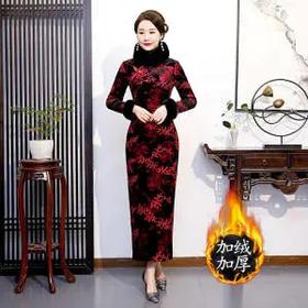 PDD-新款高档婚礼喜婆婆加绒加厚金丝绒长款连衣裙