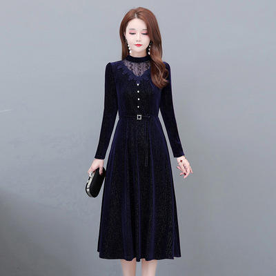 WE- XH-SD20B61 金丝绒时尚中长款镂空领显瘦优雅减龄过膝连衣裙女2021春季新款 商品图1