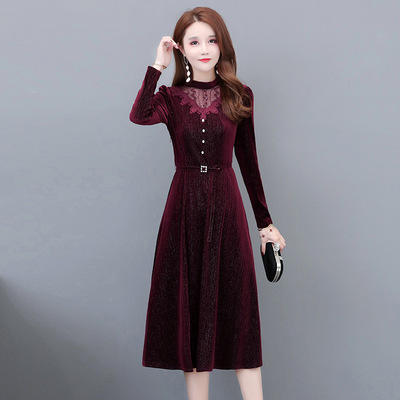 WE- XH-SD20B61 金丝绒时尚中长款镂空领显瘦优雅减龄过膝连衣裙女2021春季新款 商品图0