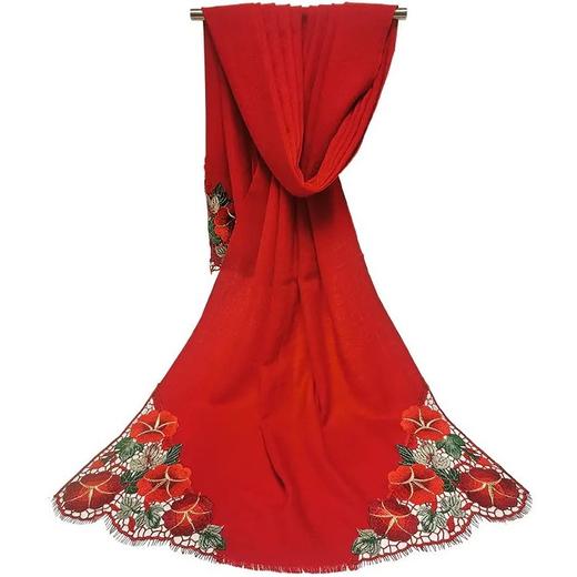 优品堂“樱恋荷花” 高档羊毛镂空刺绣围巾披肩两用 商品图10