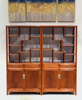 红桥红  家具严选  缅甸花梨（大果紫檀）  【196 双抽屉带柜门线条 博古架】