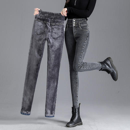 【收腹+塑形+温暖牛仔裤】加绒高腰牛仔裤 轻松Get大长腿 多扣高弹 显瘦显高 修身铅笔裤 商品图3