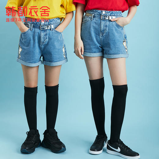 [IP联名]韩都衣舍2021夏装新款蓝色翻边印花短裤牛仔裤女EB0129璎 商品图2